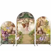 Enchanted fairy garden backdrop set with vibrant colors and whimsical designs, featuring detailed illustrations of fairies in a magical forest setting.